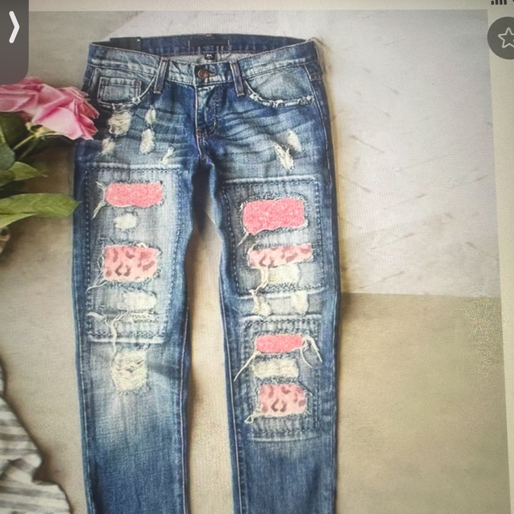 Women’s Distressed Blue Jeans with Pink Patch Accents